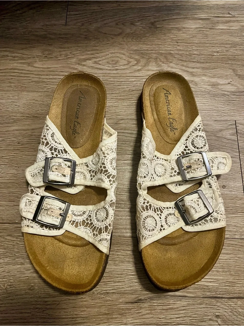 American Eagle Outfitters Cream Lace Crochet Double-Buckle Slide Sandals